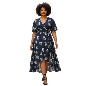 City Chic Maxi Dress Chiffon Sheer Wrap Dress, Navy Blue Bouquet, Size M 18‎